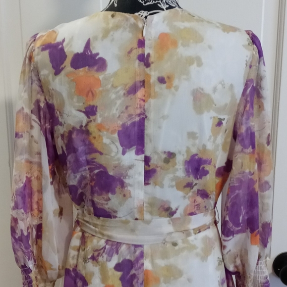 💜Taylor💜 - Purple/Peach/Cream Floral Chiffon Ruffle L/S V-Neck Midi Dress - Picture 8 of 16